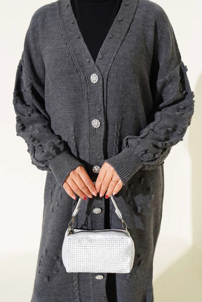 Taşlı Düğmeli Triko Hırka Füme - Resim 4