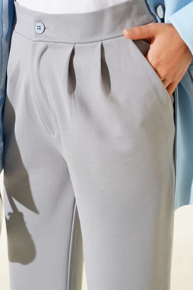 Bel Pileli Cepli Pantolon Gri - Resim 4