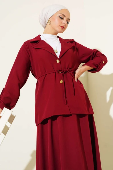 Kruvaze Yaka Gold Düğmeli Dabıl İkili Takım Bordo - Resim 2