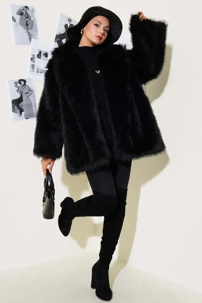 Düğmesiz Astarlı Kürk Siyah - Resim 2