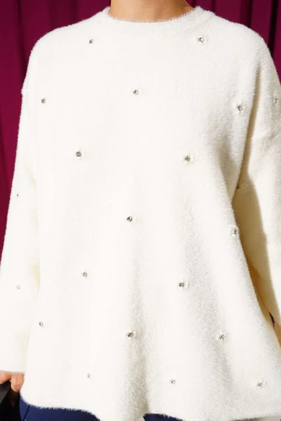 Taş Detaylı Sakallı Kazak Ekru - 4