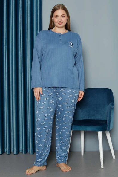 Çiçek Desen Fitilli Büyük Beden Pijama Takımı İndigo ürün görseli 1