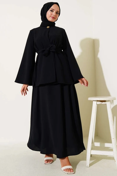 Tek Düğmeli Kuşaklı Dabıl İkili Takım Siyah - Resim 2