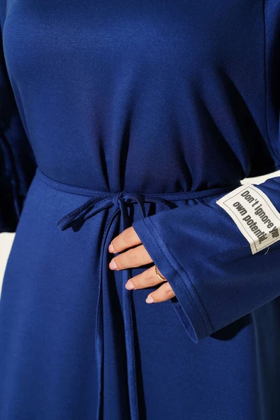 Loyşa Kol Armalı İp Kuşaklı Elbise Lacivert - Resim 4