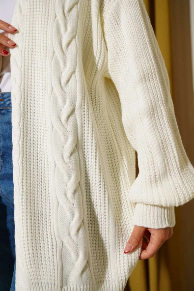 Saç Örgü Detaylı Hırka Ekru - Resim 4