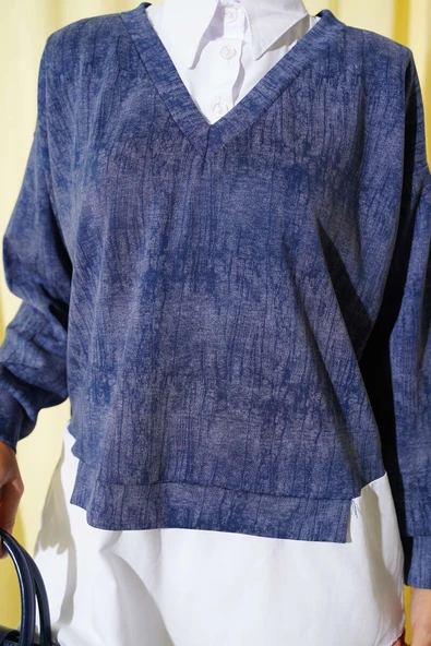 Gömlek Yakalı Granili Tunik Mavi - Resim 4