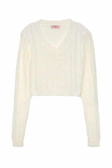 Quzu V Yaka Vatkalı Kadın Kazak - Resim 2