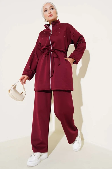 Bel Tünelli Boncuklu Scuba İkili Takım Bordo ürün görseli 1