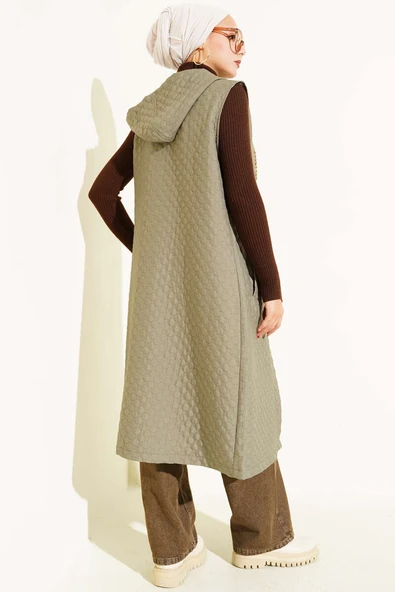 Kapüşonlu Kapitone Yelek Haki - Resim 3