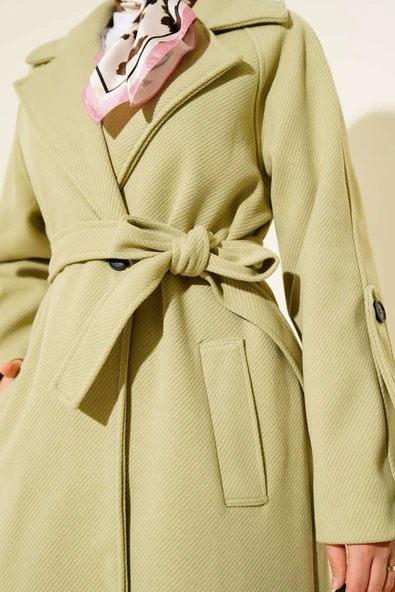 Fitilli Kuşaklı Kaşe Kaban Mint - Resim 4