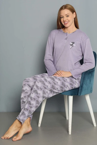 Çiçek Desenli Fitilli Pijama Takımı Lila - Resim 2