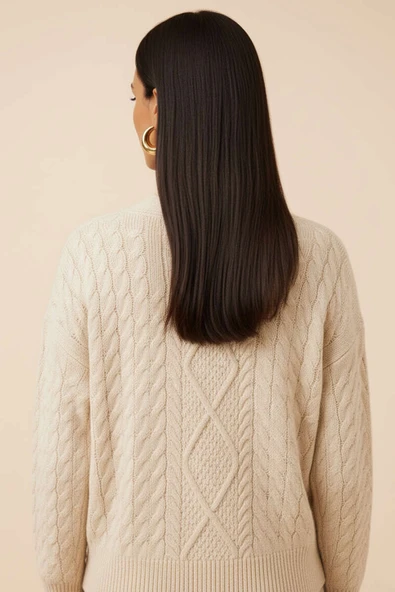Oversize Cepli Örgü Hırka Bej - 3