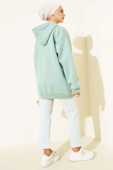 Üç İplik Yarım Çıtçıtlı Sweatshirt Çağla Yeşili - Resim 3