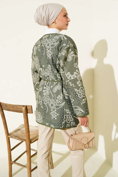 Retro Desen Kapitone Ceket Haki - Resim 3