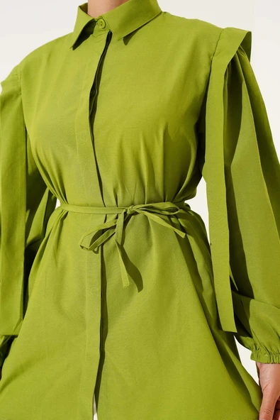 İp Kuşaklı Omuz Pelerinli Gömlek Fıstık Yeşili - Resim 4