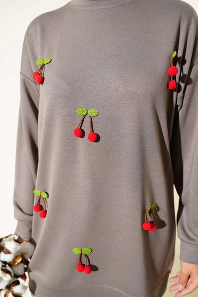 Kiraz Salkım Detaylı Tunik Vizon - Resim 4