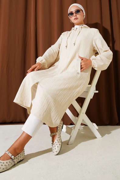 Kapüşonlu Cepli Ağaç Kabuğu Kap Bej - Resim 2