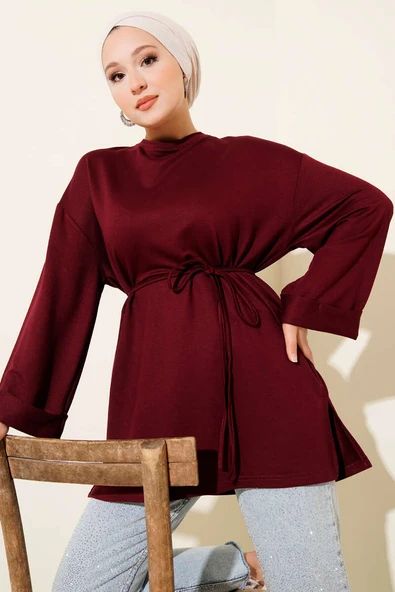 Loyşa Yan Yırtmaçlı Kuşaklı Tunik Bordo ürün görseli