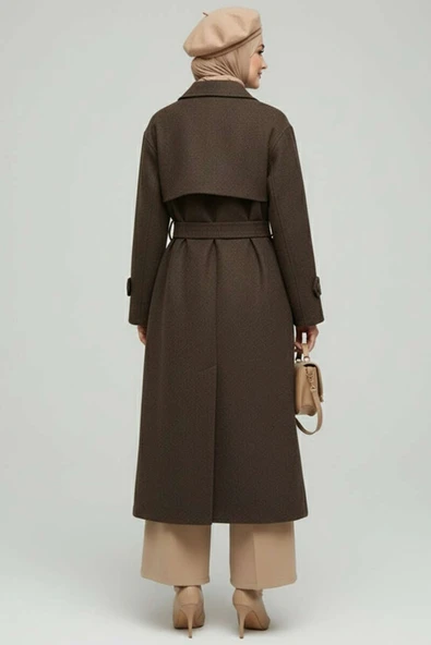 Kuşaklı Düğmeli Kaşe Kaban Acı Kahve - Resim 3