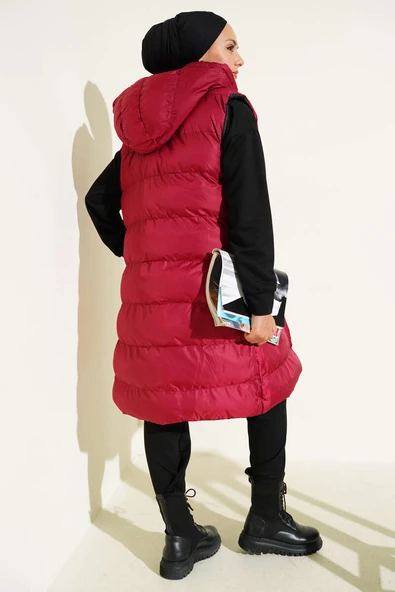 Çift Taraflı Fermuarlı Şişme Yelek Siyah Bordo - Resim 3