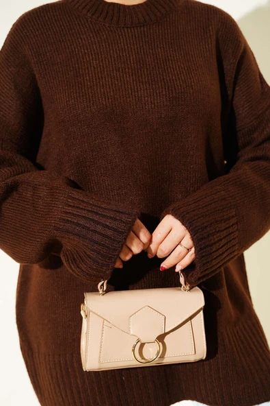 Basic Oversize Triko Tunik Kahve - Resim 4