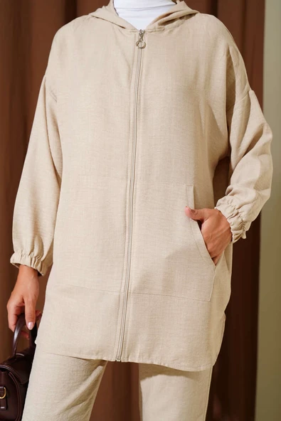 Fermuarlı Kapüşonlu Basic İkili Takım Bej - Resim 4