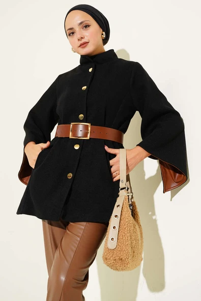 Gold Düğmeli Kaşe Panço Siyah ürün görseli 1