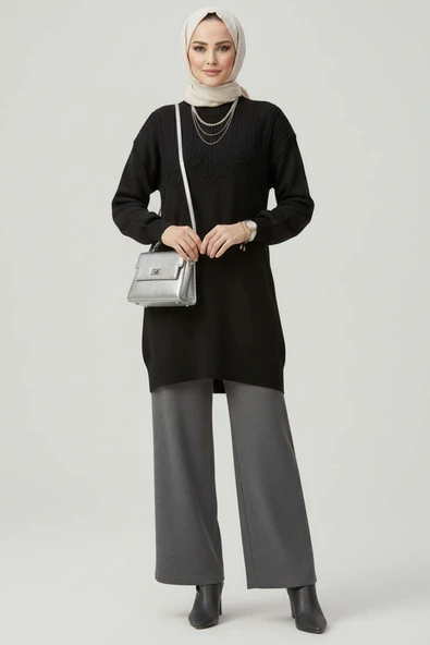 Kabartma Desen Yumoş Triko Tunik Siyah - Resim 2