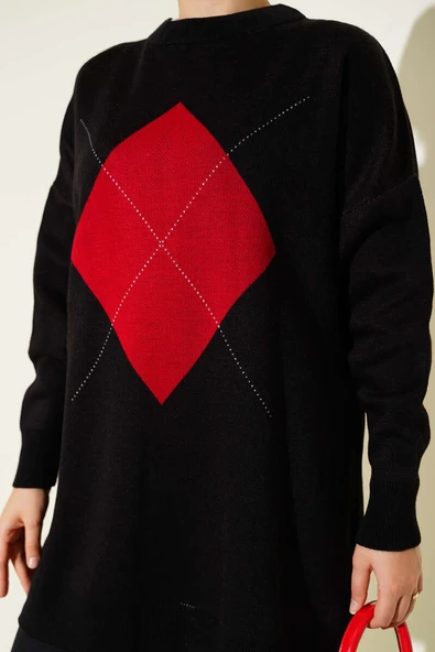 Baklava Çizgi Detaylı Triko Tunik Siyah - Resim 4