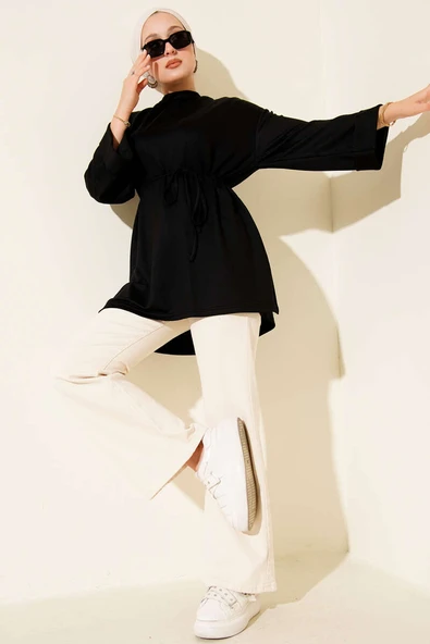 Loyşa Yan Yırtmaçlı Kuşaklı Tunik Siyah - Resim 2