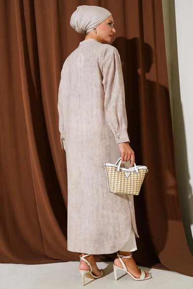 Metal Düğmeli Cepli Uzun Gömlek Bej - Resim 3