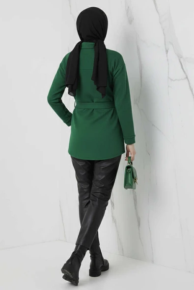 Kuşaklı Düğmeli Kaşe Ceket Zümrüt - 3