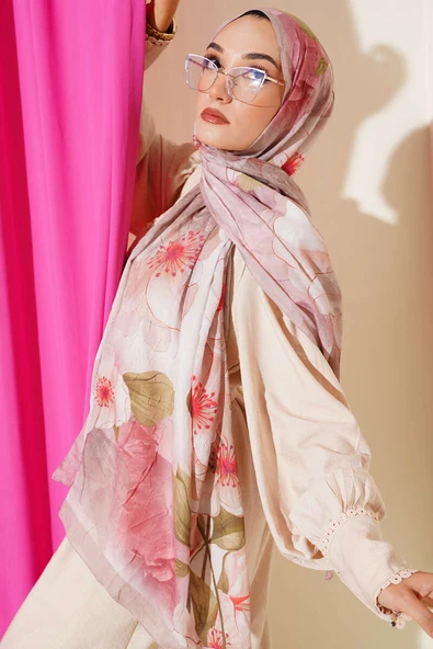 Çiçekli Bambu Kraş Şal Sütlü Kahve - Resim 2