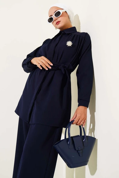 Gizli Düğmeli Kuşaklı Dabıl İkili Takım Lacivert - Resim 2