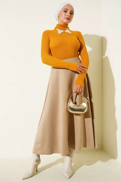 Balıkçı Yaka Parmak Geçirmeli Triko Kazak Hardal - Resim 2