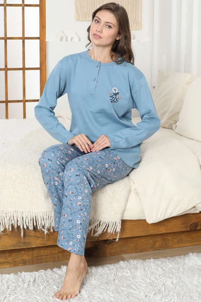 Çiçek Nakış Detaylı İnterlok Pijama Takımı Mavi - Resim 2