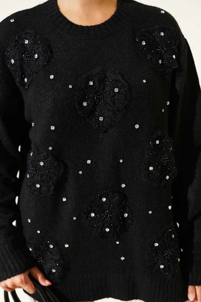 Tül Çiçekli Taşlı Triko Tunik Siyah - Resim 4