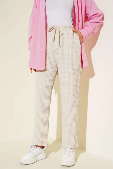 Beli Lastikli Gofre Pantolon Taş ürün görseli 1