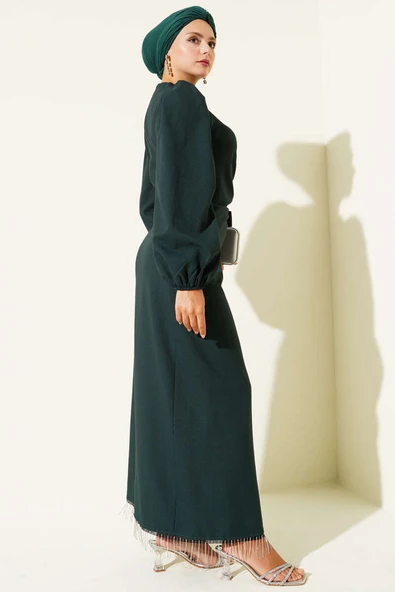 Püskül Taşlı Yan Bağlamalı Abiye Elbise Zümrüt - Resim 3
