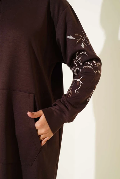 Loyşa Kolları Nakışlı Fermuarlı Hırka Acı Kahve - Resim 4