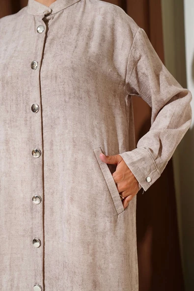 Metal Düğmeli Cepli Uzun Gömlek Bej - Resim 4