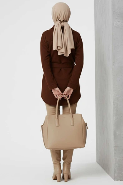 Kuşaklı Düğmeli Kaşe Ceket Kahve - 3