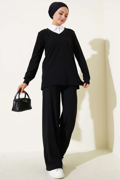Gömlek Yaka Fitilli Salaş İkili Takım Siyah ürün görseli 1