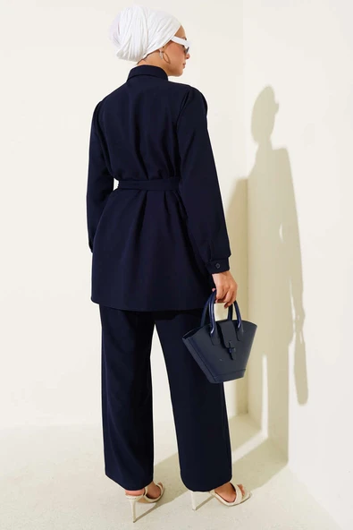 Gizli Düğmeli Kuşaklı Dabıl İkili Takım Lacivert - Resim 3