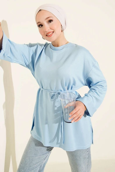Loyşa Yan Yırtmaçlı Kuşaklı Tunik Mavi ürün görseli