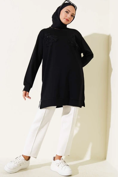 Loyşa Çiçekli Taşlı Tunik Siyah - Resim 2