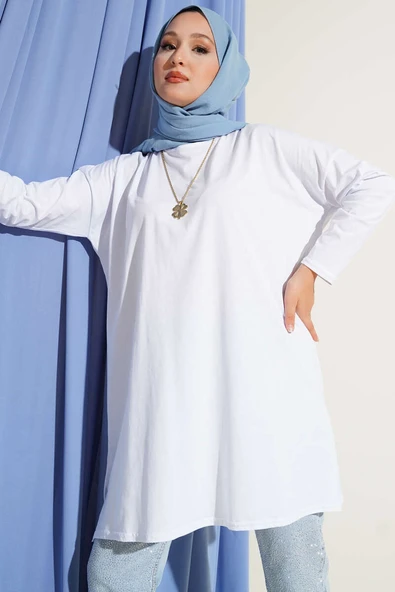Yan Yırtmaçlı Basic Tunik Beyaz ürün görseli 1