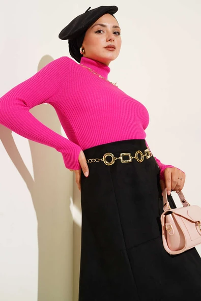 Balıkçı Yaka Parmak Geçirmeli Triko Kazak Fusya ürün görseli 1