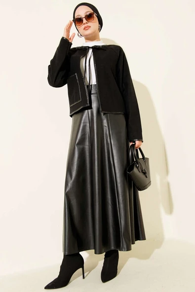 Deri Biyeli Kaşe Kısa Ceket Siyah - 2