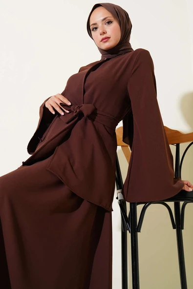 Tek Düğmeli Kuşaklı Dabıl İkili Takım Acı Kahve - Resim 2